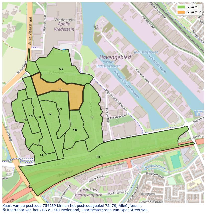 Afbeelding van het postcodegebied 7547 SP op de kaart.