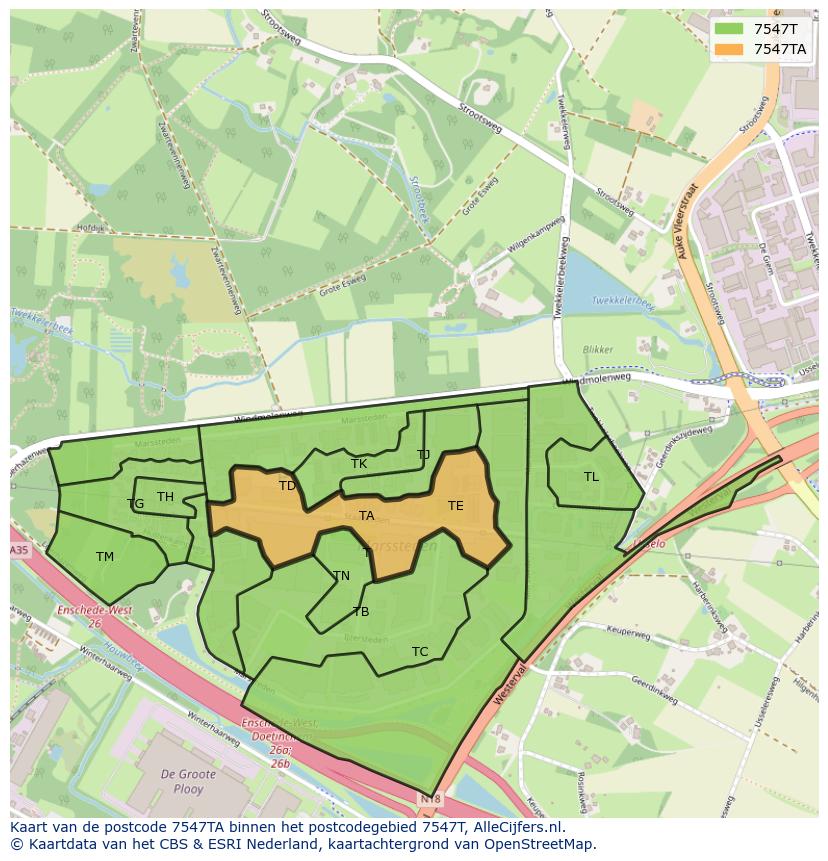 Afbeelding van het postcodegebied 7547 TA op de kaart.