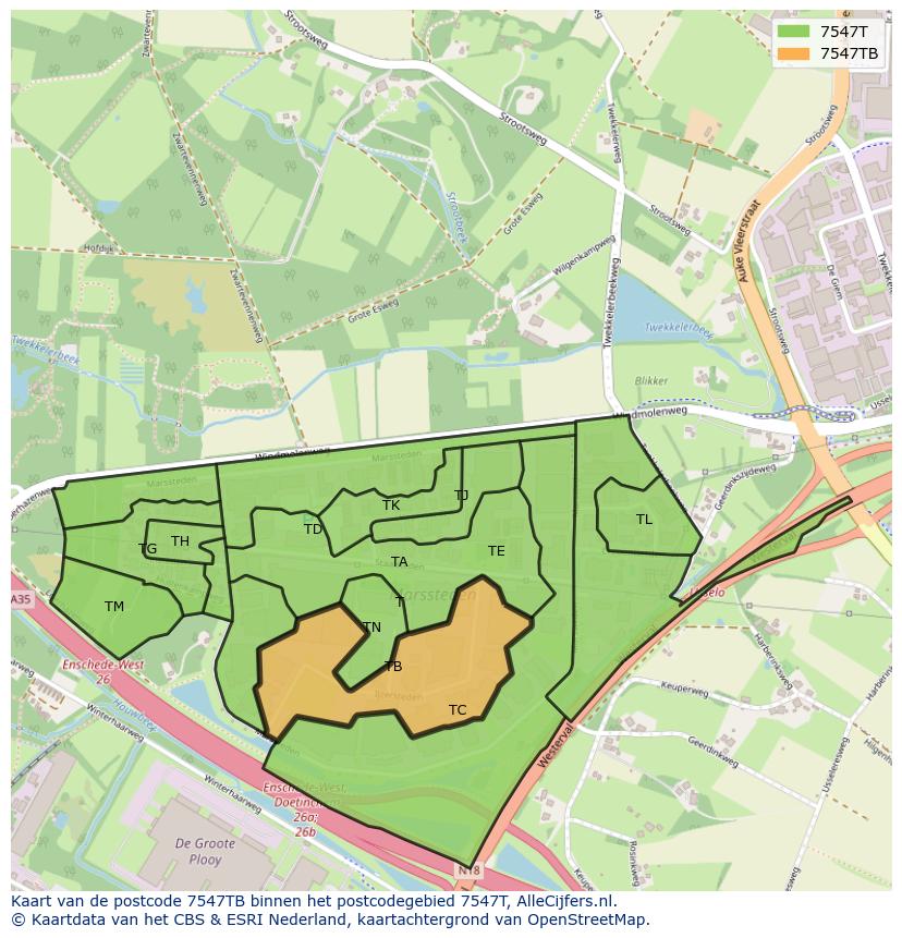 Afbeelding van het postcodegebied 7547 TB op de kaart.