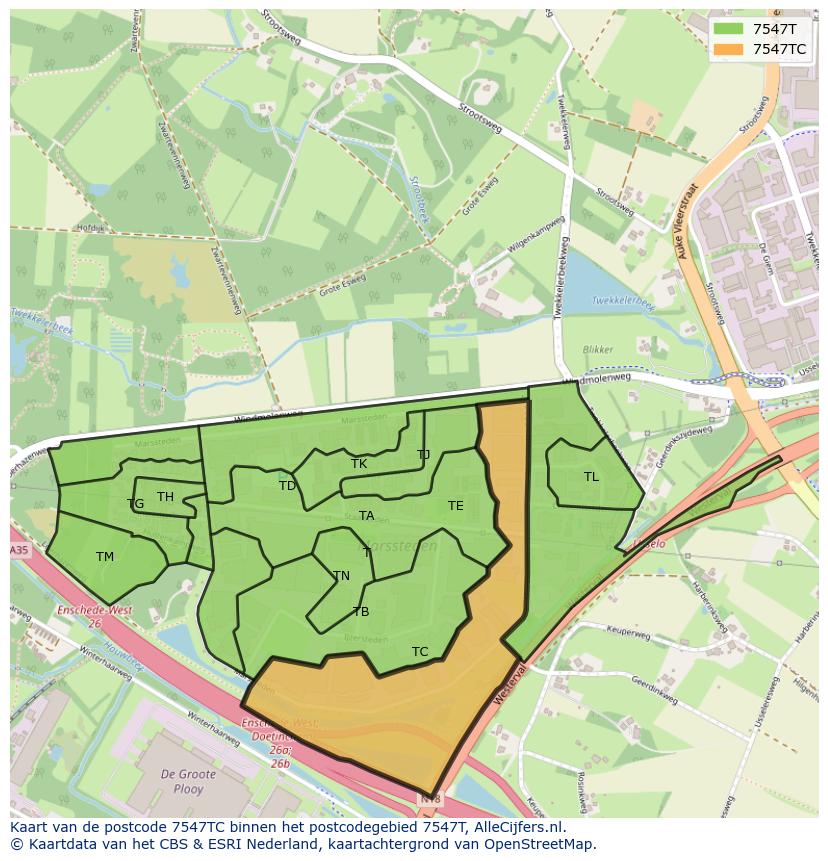 Afbeelding van het postcodegebied 7547 TC op de kaart.