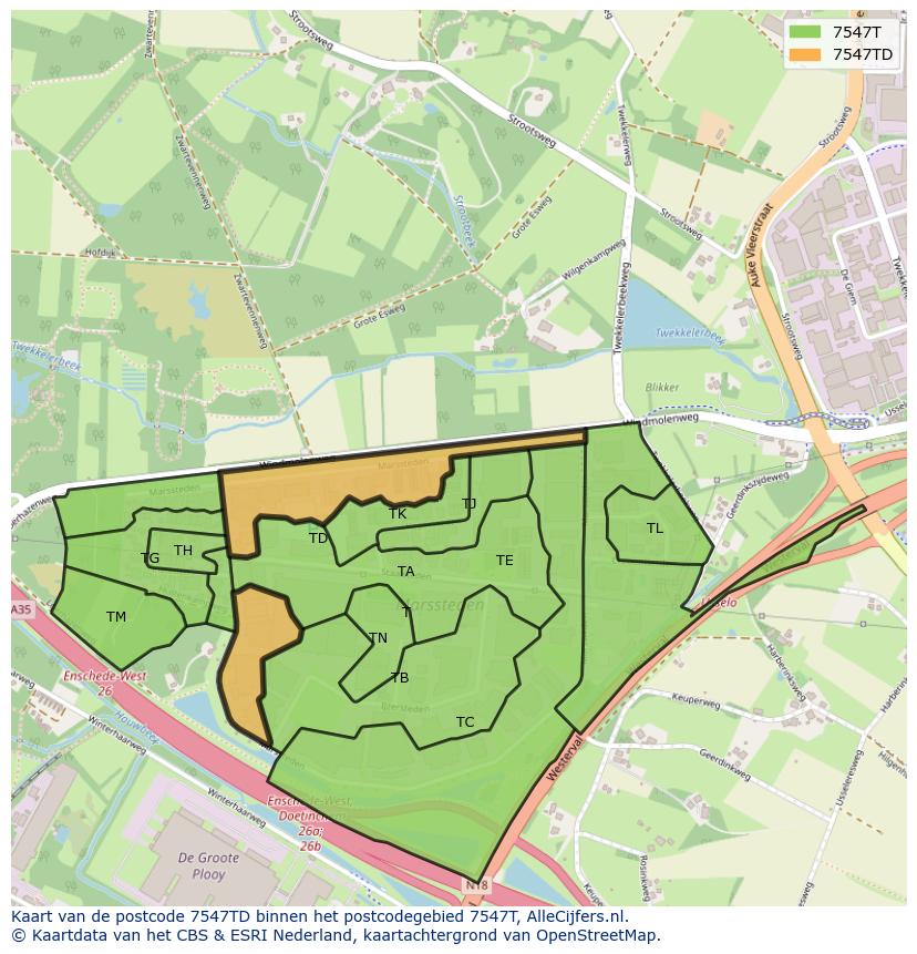 Afbeelding van het postcodegebied 7547 TD op de kaart.