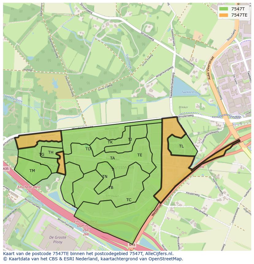 Afbeelding van het postcodegebied 7547 TE op de kaart.