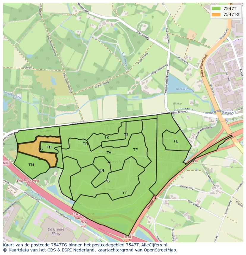 Afbeelding van het postcodegebied 7547 TG op de kaart.