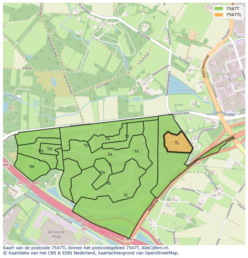 Afbeelding van het postcodegebied 7547 TL op de kaart.