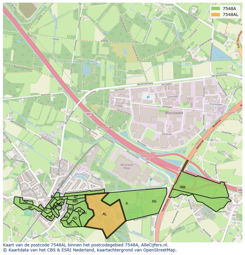 Afbeelding van het postcodegebied 7548 AL op de kaart.