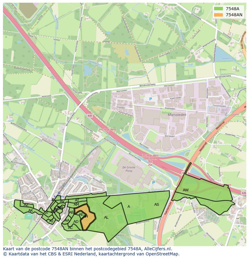 Afbeelding van het postcodegebied 7548 AN op de kaart.