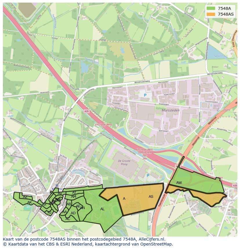 Afbeelding van het postcodegebied 7548 AS op de kaart.