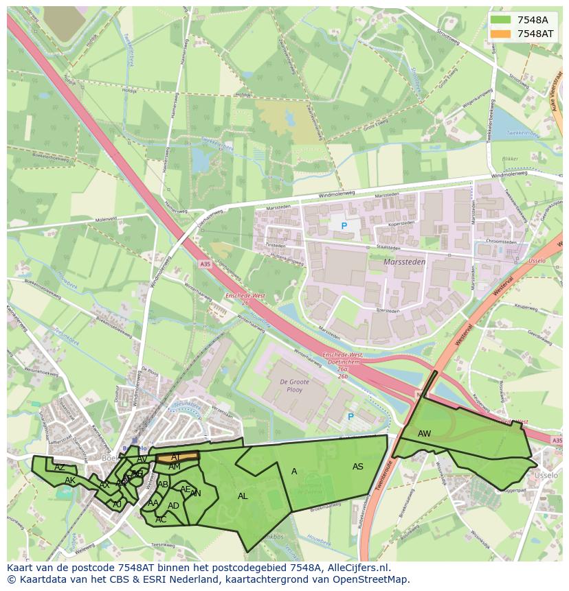 Afbeelding van het postcodegebied 7548 AT op de kaart.
