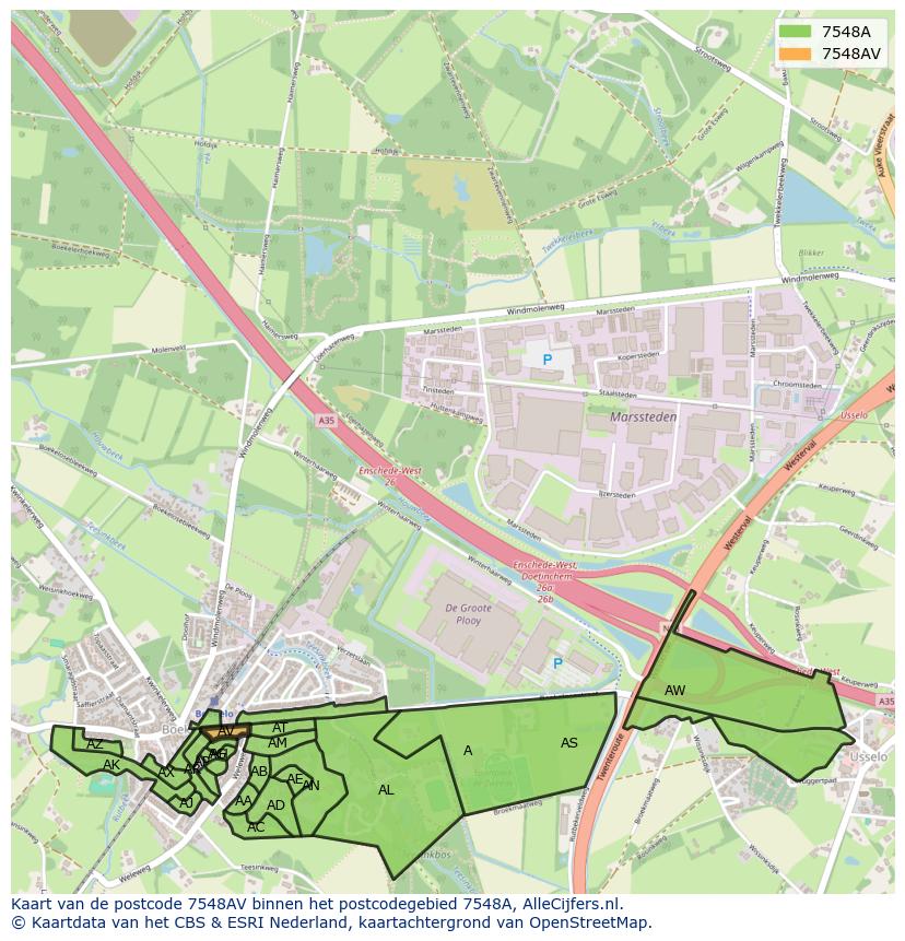 Afbeelding van het postcodegebied 7548 AV op de kaart.