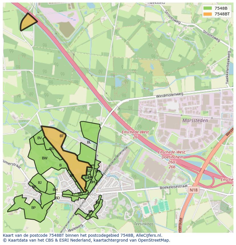 Afbeelding van het postcodegebied 7548 BT op de kaart.