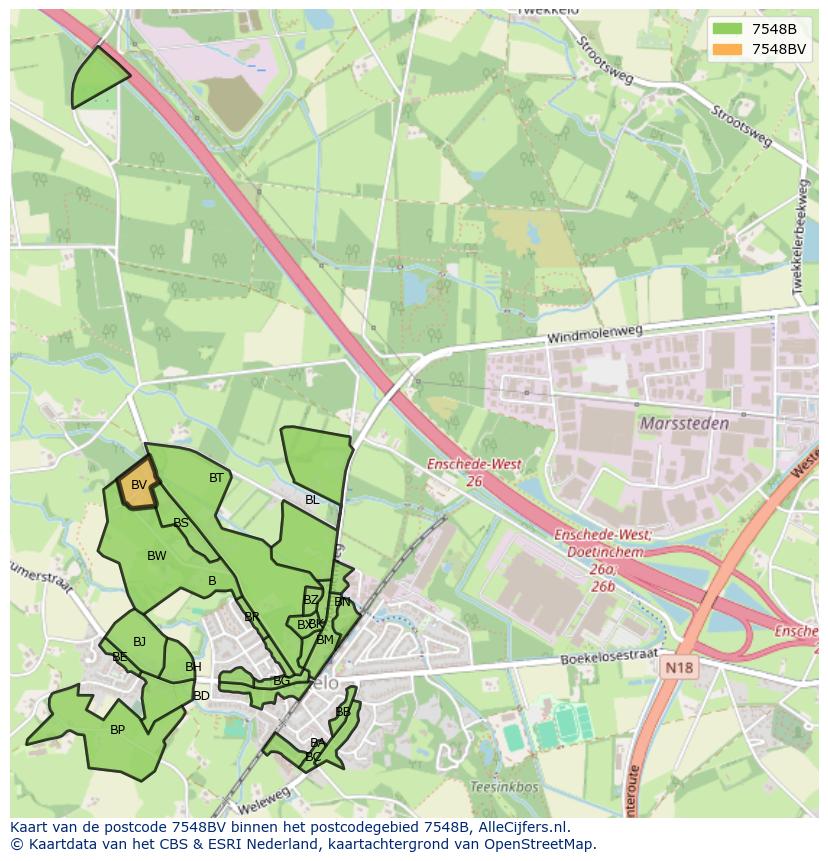 Afbeelding van het postcodegebied 7548 BV op de kaart.