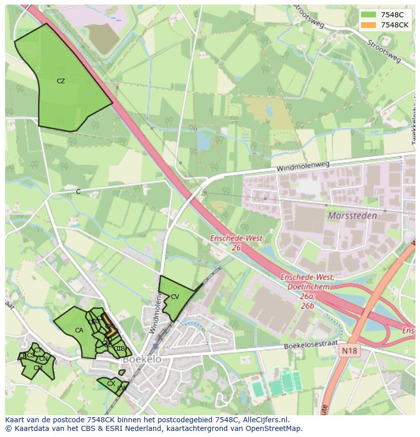 Afbeelding van het postcodegebied 7548 CK op de kaart.