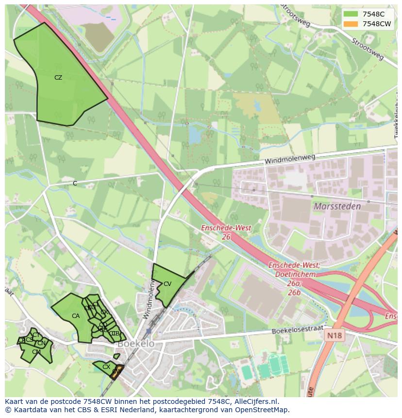 Afbeelding van het postcodegebied 7548 CW op de kaart.