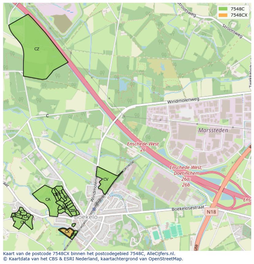 Afbeelding van het postcodegebied 7548 CX op de kaart.