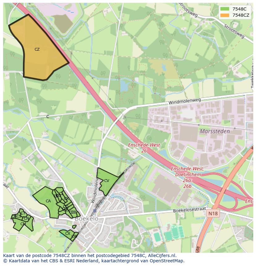 Afbeelding van het postcodegebied 7548 CZ op de kaart.