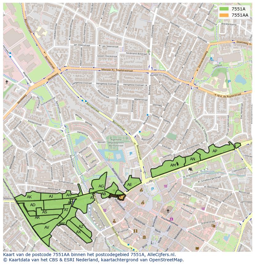 Afbeelding van het postcodegebied 7551 AA op de kaart.