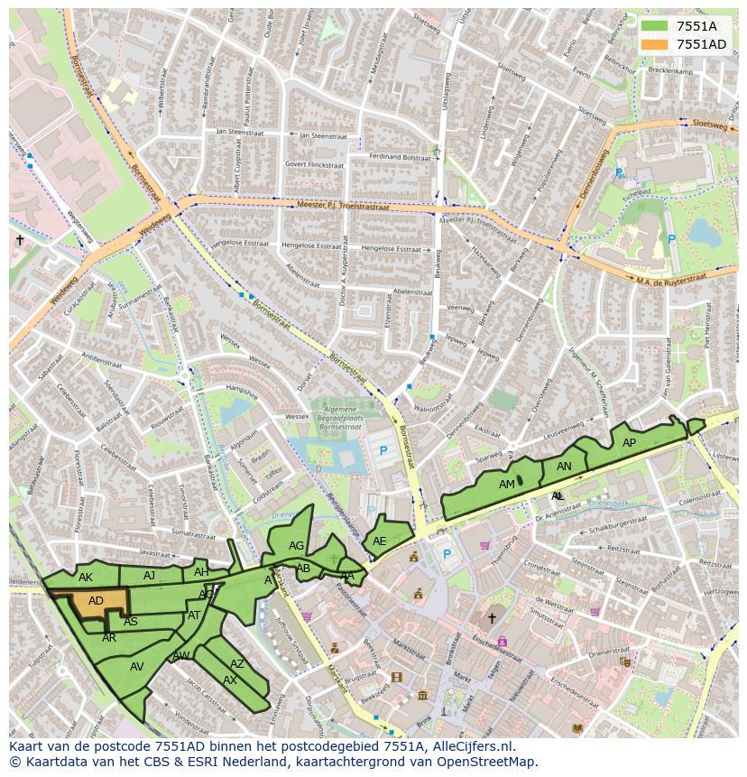 Afbeelding van het postcodegebied 7551 AD op de kaart.