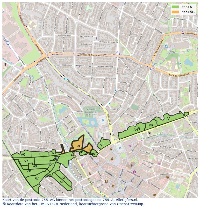Afbeelding van het postcodegebied 7551 AG op de kaart.
