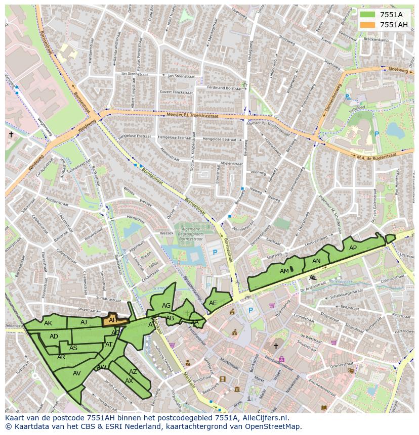 Afbeelding van het postcodegebied 7551 AH op de kaart.