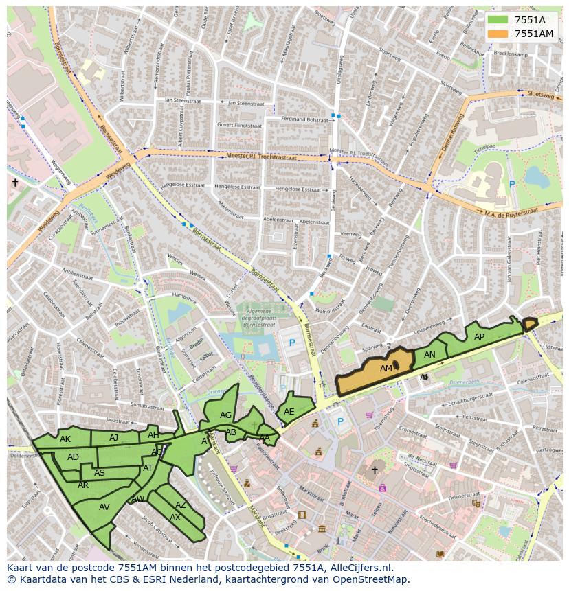 Afbeelding van het postcodegebied 7551 AM op de kaart.