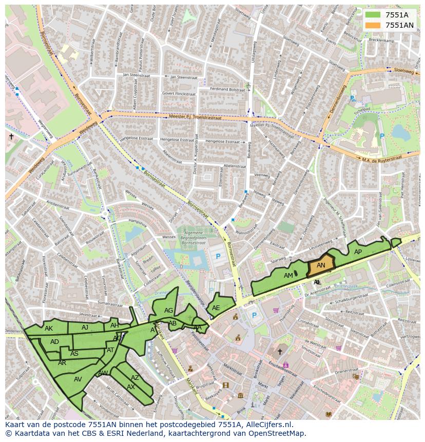 Afbeelding van het postcodegebied 7551 AN op de kaart.