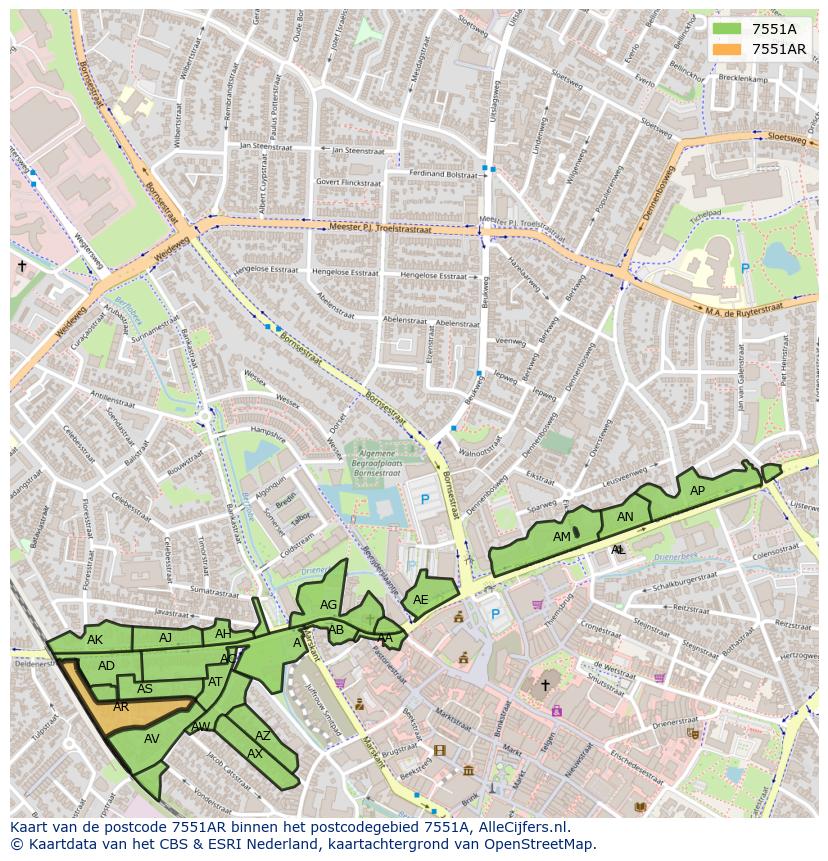 Afbeelding van het postcodegebied 7551 AR op de kaart.