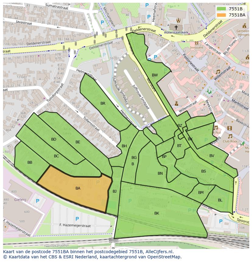 Afbeelding van het postcodegebied 7551 BA op de kaart.