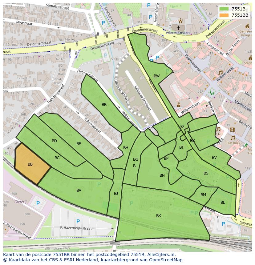 Afbeelding van het postcodegebied 7551 BB op de kaart.