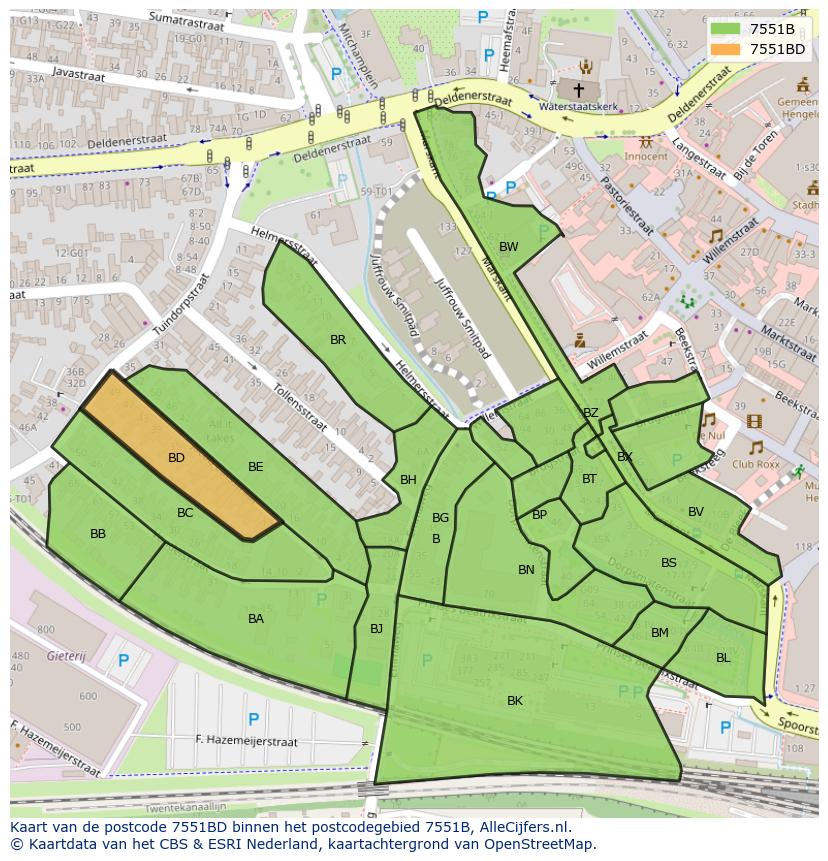Afbeelding van het postcodegebied 7551 BD op de kaart.
