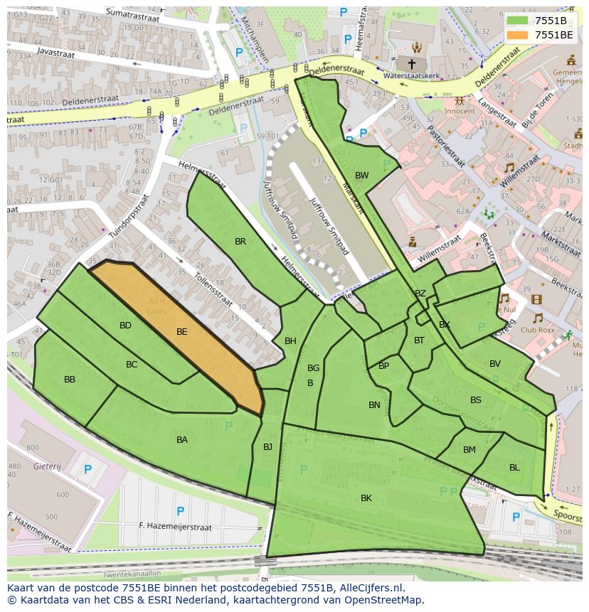 Afbeelding van het postcodegebied 7551 BE op de kaart.