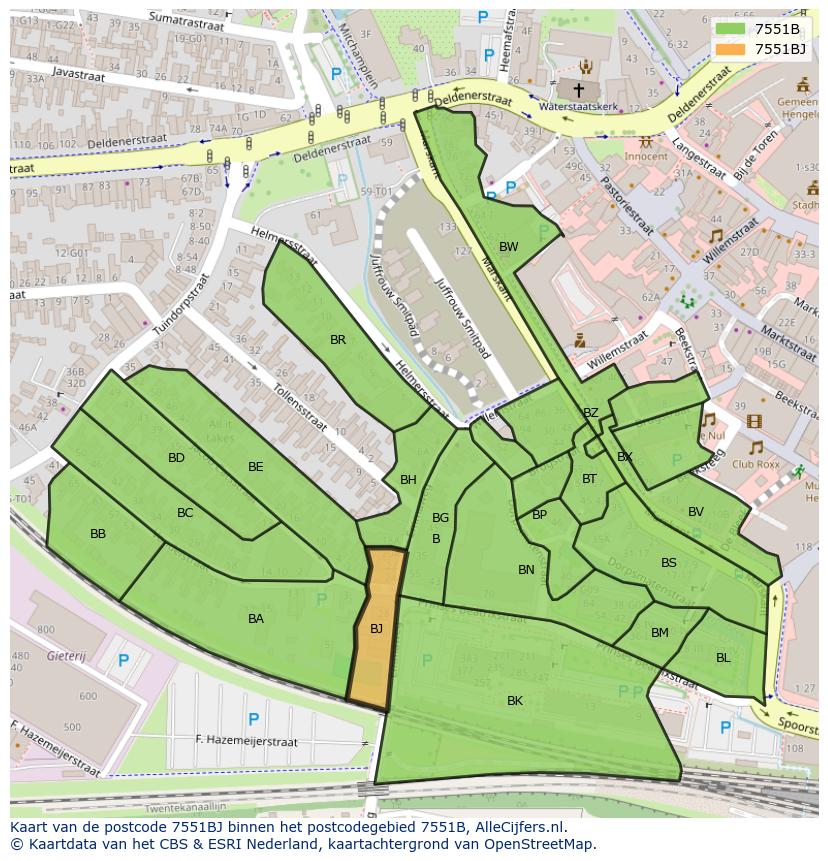 Afbeelding van het postcodegebied 7551 BJ op de kaart.