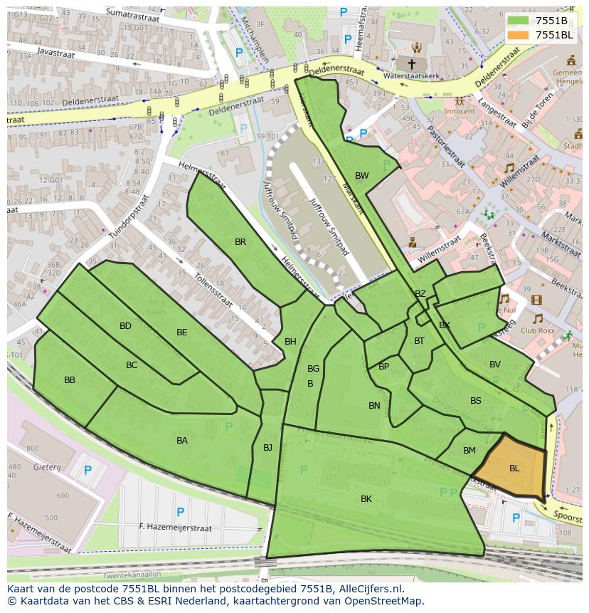 Afbeelding van het postcodegebied 7551 BL op de kaart.