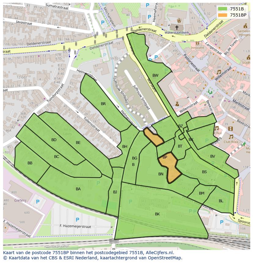 Afbeelding van het postcodegebied 7551 BP op de kaart.