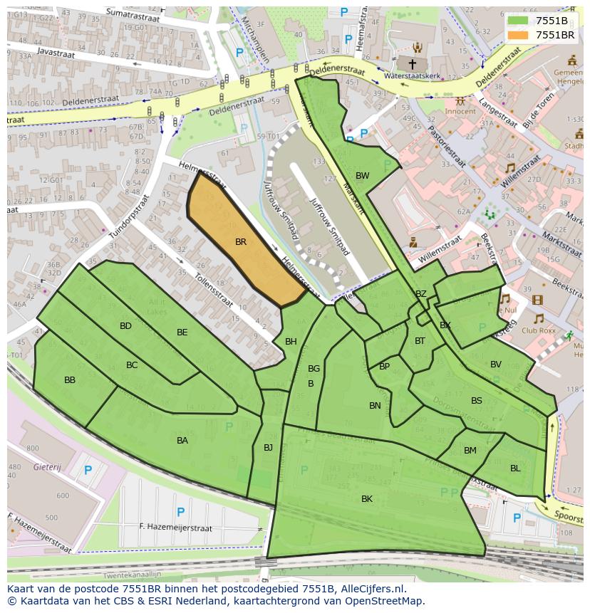 Afbeelding van het postcodegebied 7551 BR op de kaart.