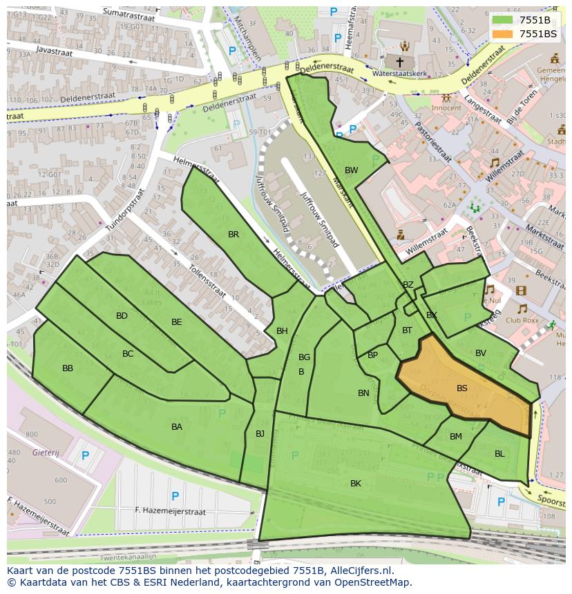Afbeelding van het postcodegebied 7551 BS op de kaart.
