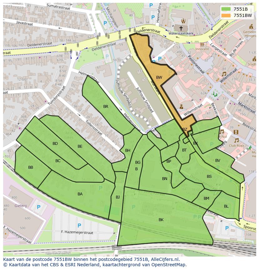 Afbeelding van het postcodegebied 7551 BW op de kaart.