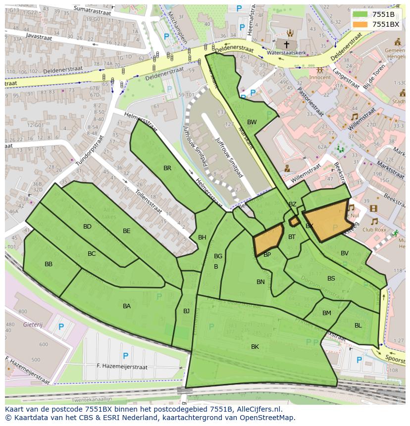 Afbeelding van het postcodegebied 7551 BX op de kaart.