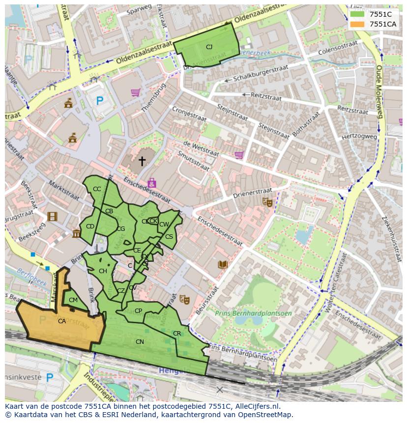 Afbeelding van het postcodegebied 7551 CA op de kaart.