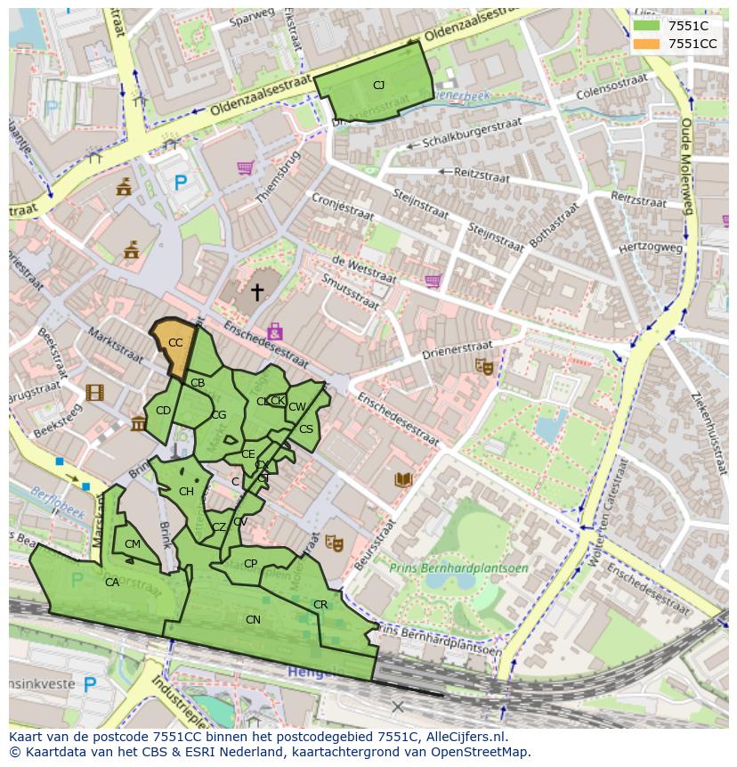 Afbeelding van het postcodegebied 7551 CC op de kaart.