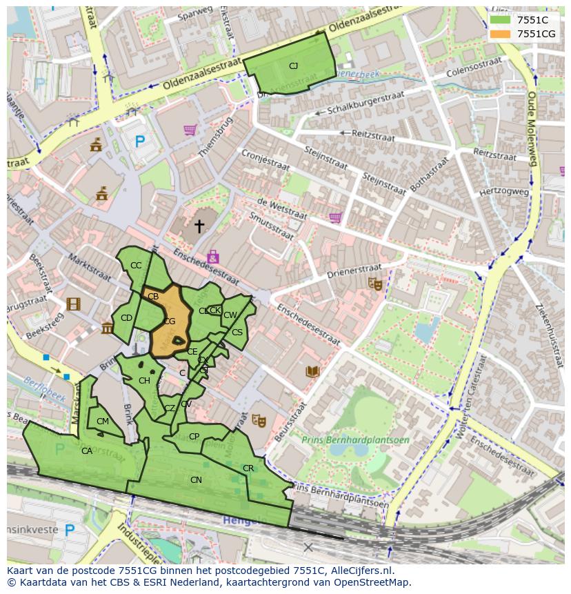 Afbeelding van het postcodegebied 7551 CG op de kaart.