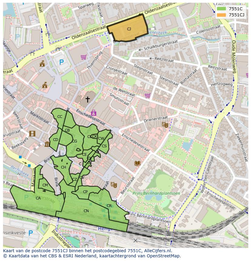 Afbeelding van het postcodegebied 7551 CJ op de kaart.
