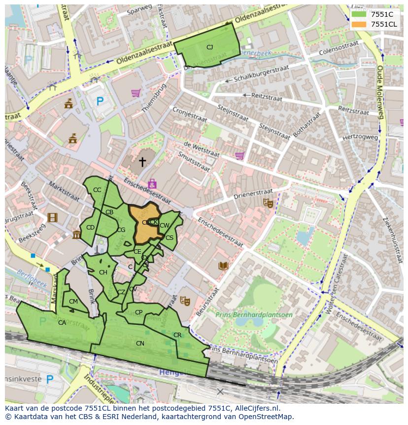 Afbeelding van het postcodegebied 7551 CL op de kaart.