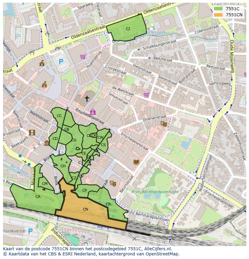 Afbeelding van het postcodegebied 7551 CN op de kaart.