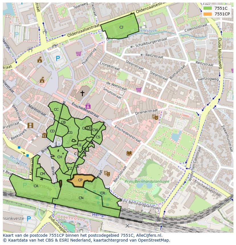 Afbeelding van het postcodegebied 7551 CP op de kaart.