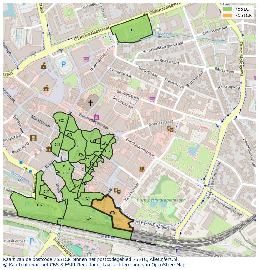 Afbeelding van het postcodegebied 7551 CR op de kaart.