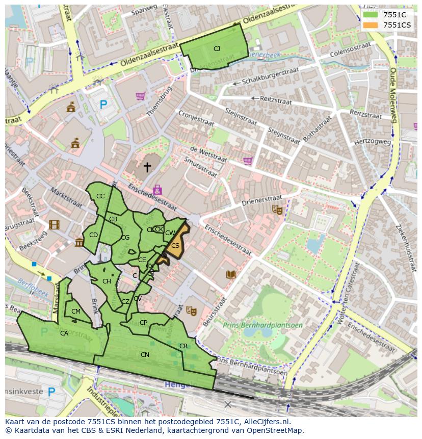 Afbeelding van het postcodegebied 7551 CS op de kaart.