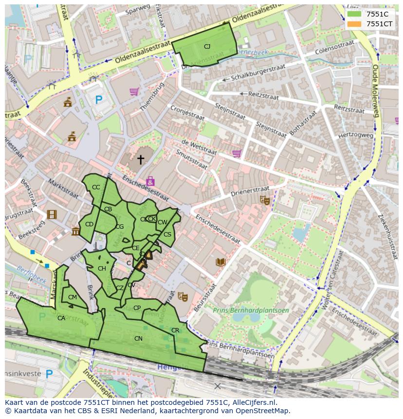 Afbeelding van het postcodegebied 7551 CT op de kaart.