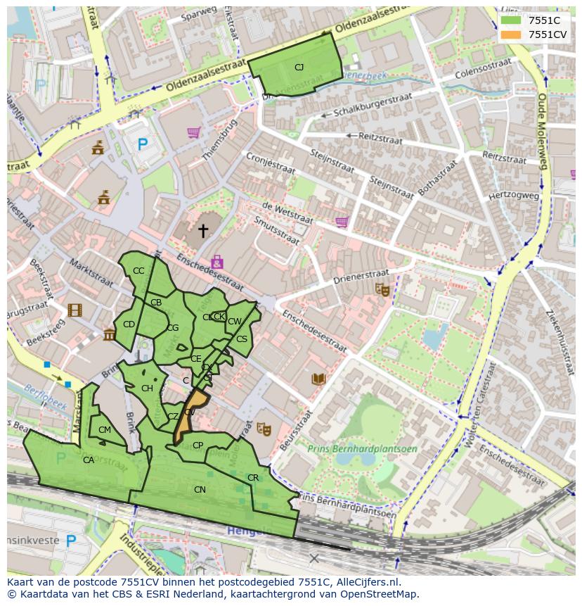 Afbeelding van het postcodegebied 7551 CV op de kaart.