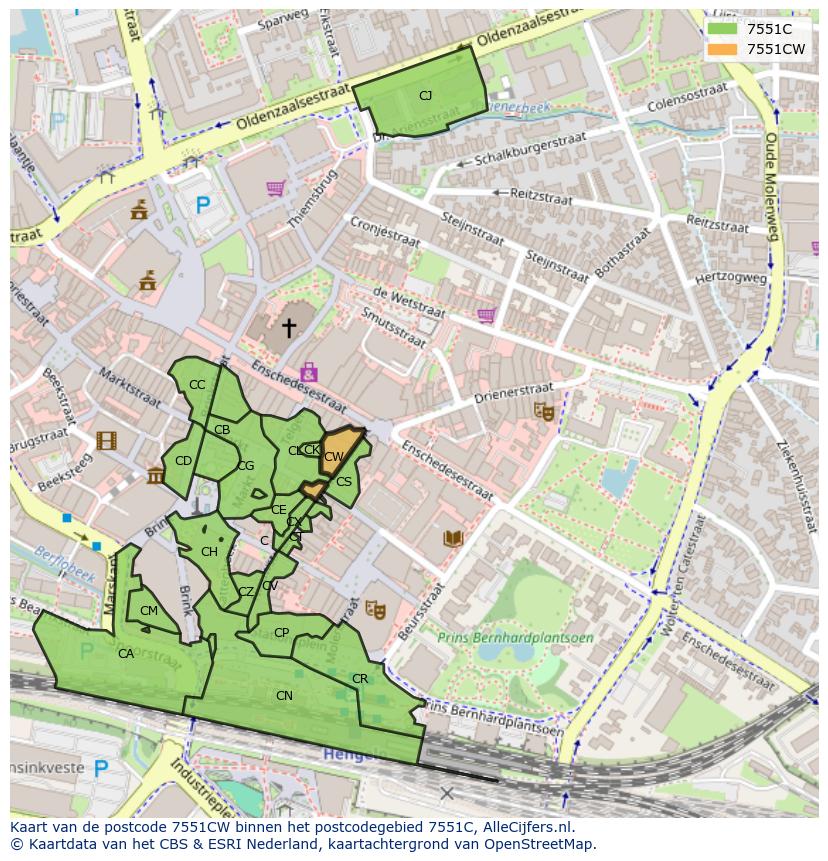 Afbeelding van het postcodegebied 7551 CW op de kaart.
