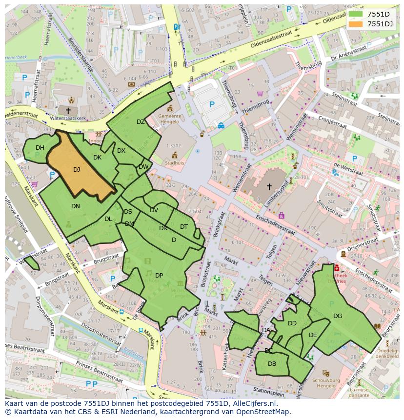 Afbeelding van het postcodegebied 7551 DJ op de kaart.